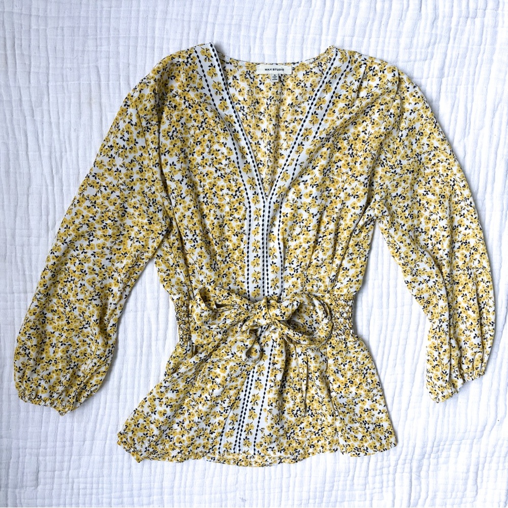 Max Studio Yellow Floral Blouse Tie Waist Peplum Boho Cottagecore S